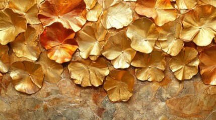 Fototapeta premium A vibrant arrangement of golden leaves on a textured surface, showcasing a blend of natural beauty and artistic design.