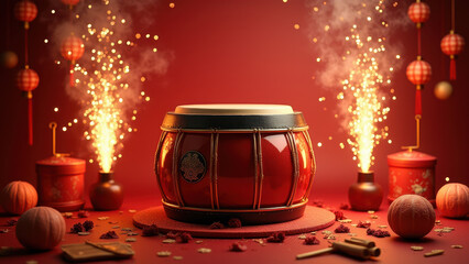 Chinese New Year Drum & Fireworks - Asian-inspired design