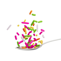 Rainbow Sprinkles For Cakes And Bakery Items Falling From Top Onto A Silver Spoon 3D Illustration