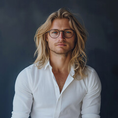 Fototapeta premium Portrait of a stylish man with long hair and glasses studio setting photography modern close-up fashion concept