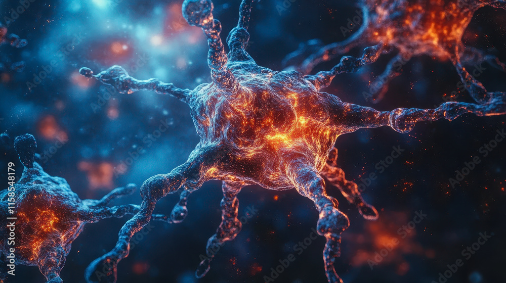 Poster complex neural network transmitting neurotransmitters in brain communication