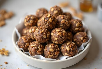 Chocolate Peanut Butter Energy Balls on white plate
