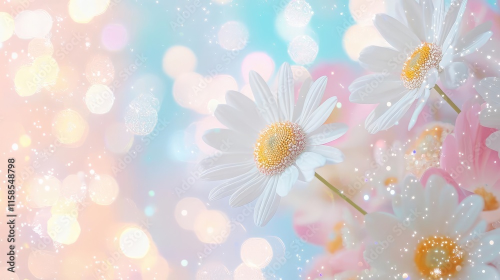 Poster daisy floral abstract background idea. beautiful daisy flowers with soft pastel bokeh background in 