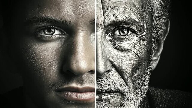 Portrait of Man Divided by Age Showcasing Youth and Wisdom