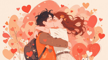 Illustration of love expressed through romantic hugs, kisses, and emotional connection.