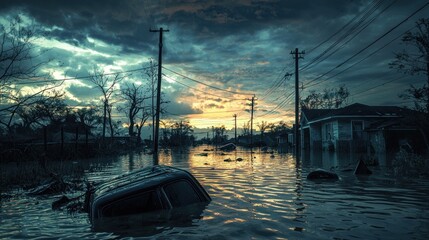 Submerged car in floodwaters at sunset, showing devastation after a natural disaster.