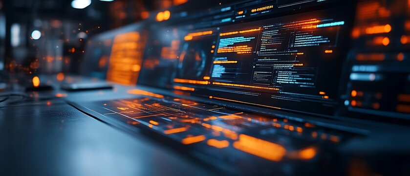 Futuristic laptop displaying code. - Powered by Adobe