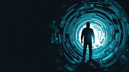 Silhouette of a Man Standing in a Futuristic Tunnel