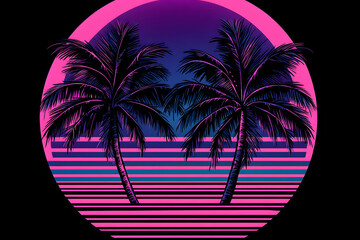 Retro neon palm trees with vibrant pink and blue gradient lines in a circular frame; perfect for 80s aesthetics, vaporwave, tropical vibes, and retro-themed designs