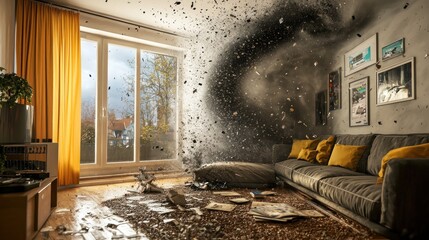 Room destruction, chaos, debris, destruction.