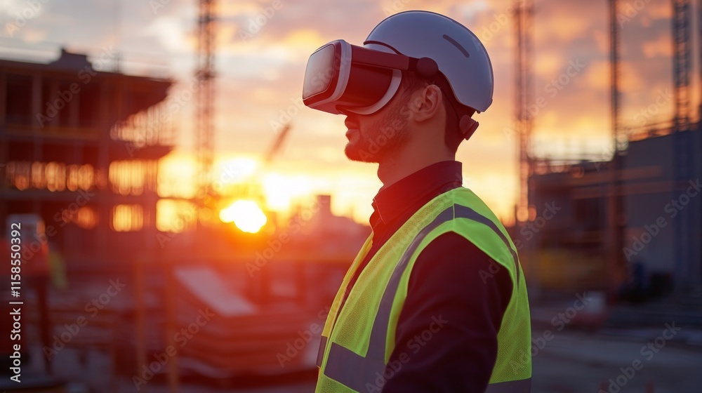 Aufkleber a construction worker is using virtual reality technology on a building site at sunset. the vibrant 