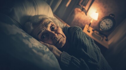 Elderly individual experiencing sleep disturbance, reflecting the challenges of aging and the importance of restful nights for overall well-being.