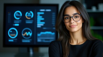Professional woman in eyeglasses posing confidently in modern office with data analysis graphs and charts displayed on computer screen