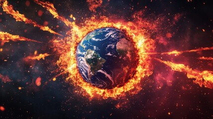 A round Earth icon surrounded by shooting flames, symbolizing record temperatures and fires caused by global warming, dramatic lighting, vibrant colors, intense atmosphere