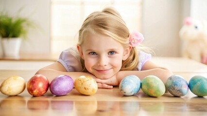 Fototapeta premium Smiling girl leaning forward on a wooden table with colorful Easter eggs, spirit of Easter and the joy of springtime 