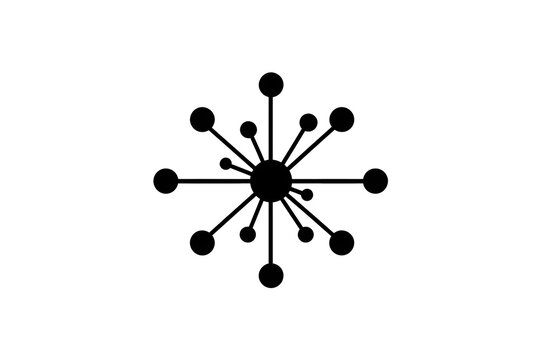 Abstract black hub-and-spoke network design with varying node sizes; ideal for representing connectivity, systems, communication, and modern design concepts