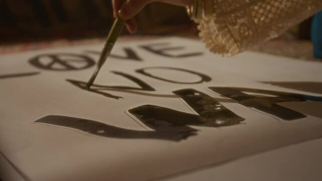 Closeup of hands of anonymous male and female protesters painting antiwar poster with brush and black paint on white paper, with pacifist symbol, while preparing for peace rally or demonstration