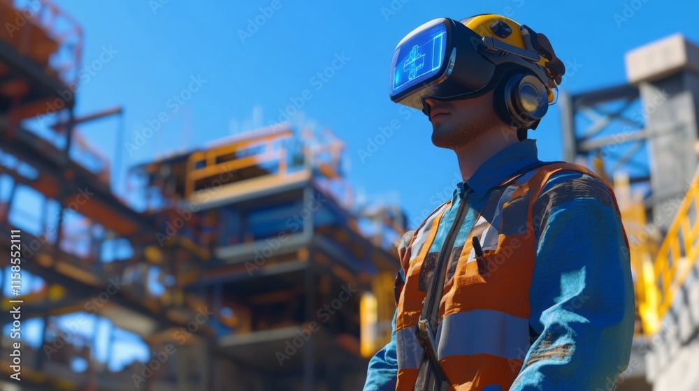 Fototapete Construction worker utilizes virtual reality technology on site to enhance project visualization and planning.