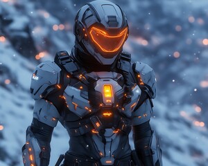 Futuristic soldier in snowy landscape.