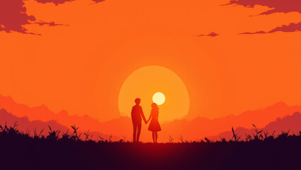 Fototapeta premium Illustration of a couple silhouette at sunset, symbolizing love and romance.
