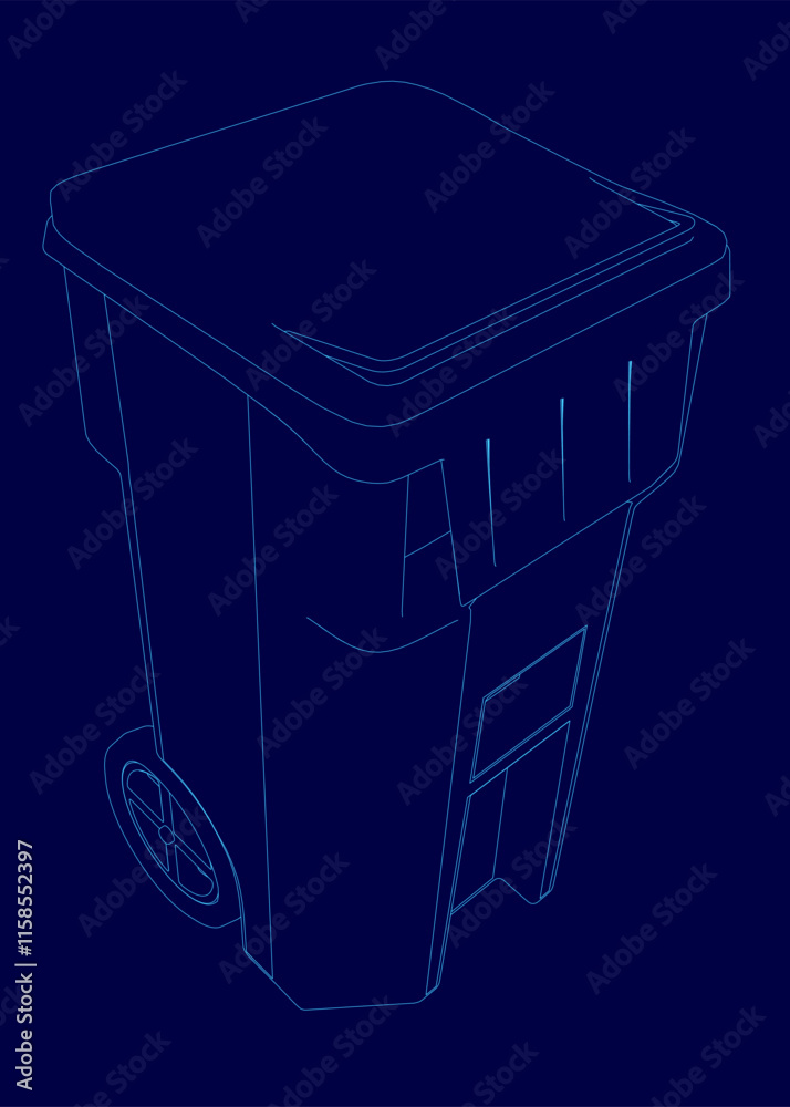 Poster blue trash can with a lid on top. the lid is open and the trash can is empty
