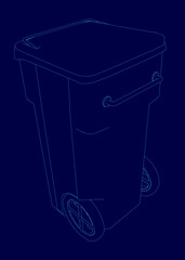 Blue trash can with a lid and wheels. The lid is open and the trash can is empty