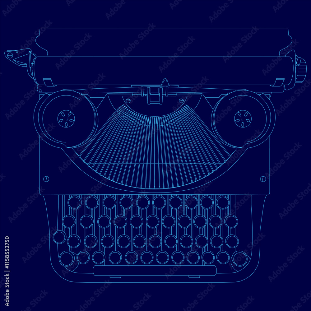 Fototapete stylized drawing of a typewriter with a blue background. the typewriter is shown in a black and whit