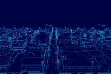 Cityscape is shown in blue with a dark sky. The buildings are tall and the streets are lined with cars. Scene is one of urban life and the hustle and bustle of a busy city