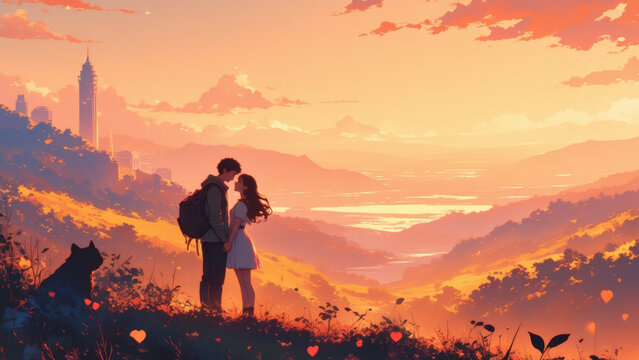 Illustration of a couple in a romantic scenic setting, symbolizing their bond.