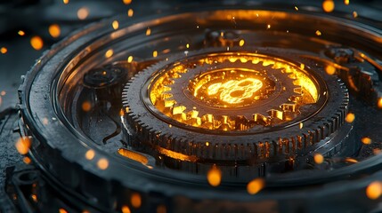 Dynamic Gears in Motion, an intricate display of interlocking gears symbolizing progress and innovation, set against a vibrant abstract background.