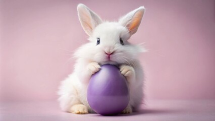 Fototapeta premium Cute white rabbit holding colorful easter egg on pastel background, concept of Easter celebration 