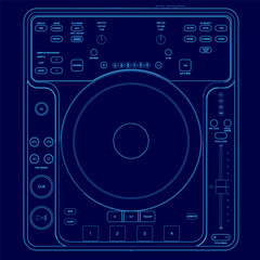 Fototapeta premium Blue drawing of a turntable with buttons and knobs. The turntable is a DJ turntable with a blue background