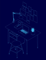 Blue drawing of a desk with a laptop, a keyboard, a mouse, a plant, and a stool