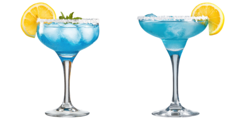 Two vibrant blue cocktails served in elegant glasses, garnished with lemon slices and ice, showcasing a refreshing and inviting appearance.