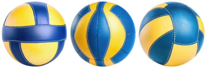 Three colorful sports balls featuring blue and yellow patterns, showcasing distinct designs and textures for play.