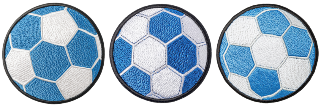 Three soccer balls featuring hexagonal patterns in blue and white shades.