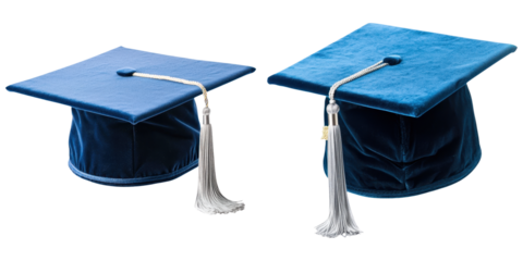 Two blue graduation caps with white tassels, symbolizing academic achievement and celebration.
