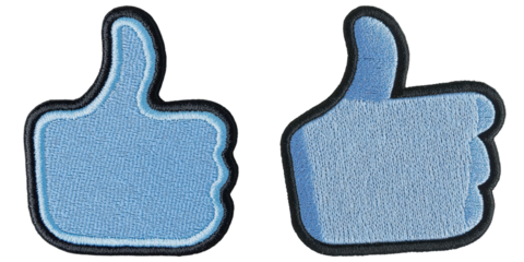 Two blue thumbs-up symbols, designed with a textured fabric appearance, representing approval and positivity.