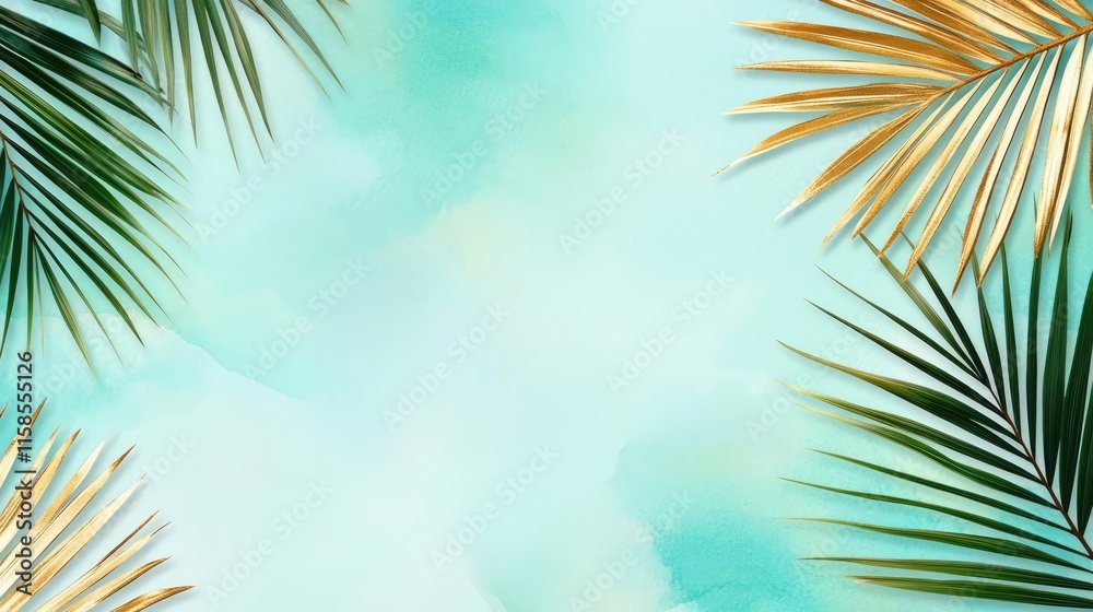 Poster palm leaves abstract background concept. tropical palm leaves frame a serene, soft turquoise backgro
