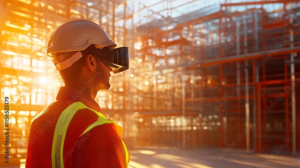 Poster A construction worker wearing virtual reality goggles observes a building site illuminated by the warm glow of sunset.