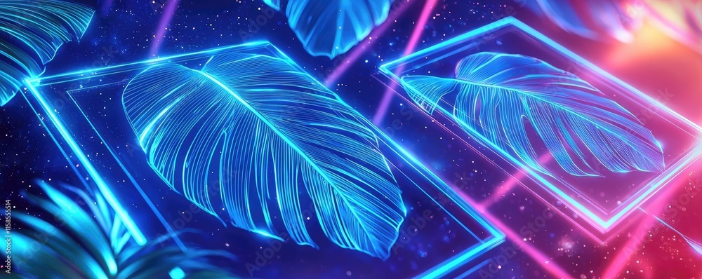 Poster palm leaves abstract background concept. vibrant neon leaves set against a colorful cosmic backgroun