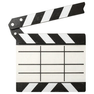 A classic film clapperboard featuring alternating black and white stripes, used for marking scenes in movie production.