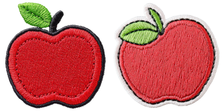 Two embroidered apple patches showcasing vibrant red color and green leaves, highlighting their playful designs.