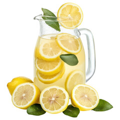 A glass pitcher filled with lemonade and garnished with fresh lemon slices and green leaves.