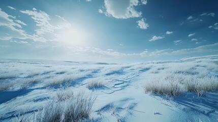 Sunlit snowy landscape with frosted grass.
