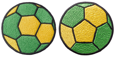 Two embroidered patches resembling soccer balls, featuring a mix of green and yellow hexagonal patterns.