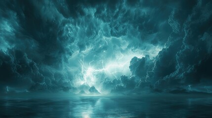Fototapeta premium Dramatic teal stormy ocean scene with lightning.