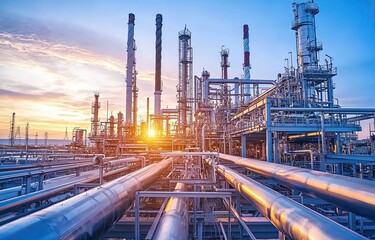 modern oil and gas plant with large steel pipes, an industrial background