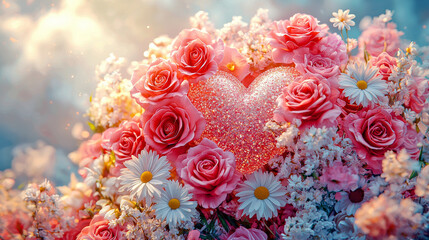 Fototapeta premium A sparkling heart surrounded by pink roses and daisies, creating a dreamy, romantic scene