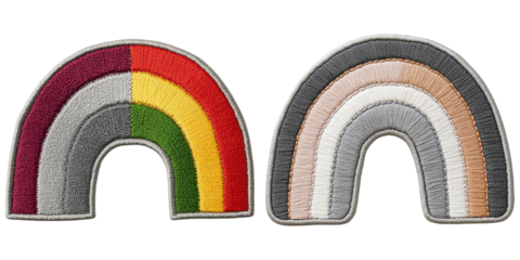 Two embroidered rainbow patches featuring distinct color patterns, one vibrant and multi-colored, the other soft and neutral tones.